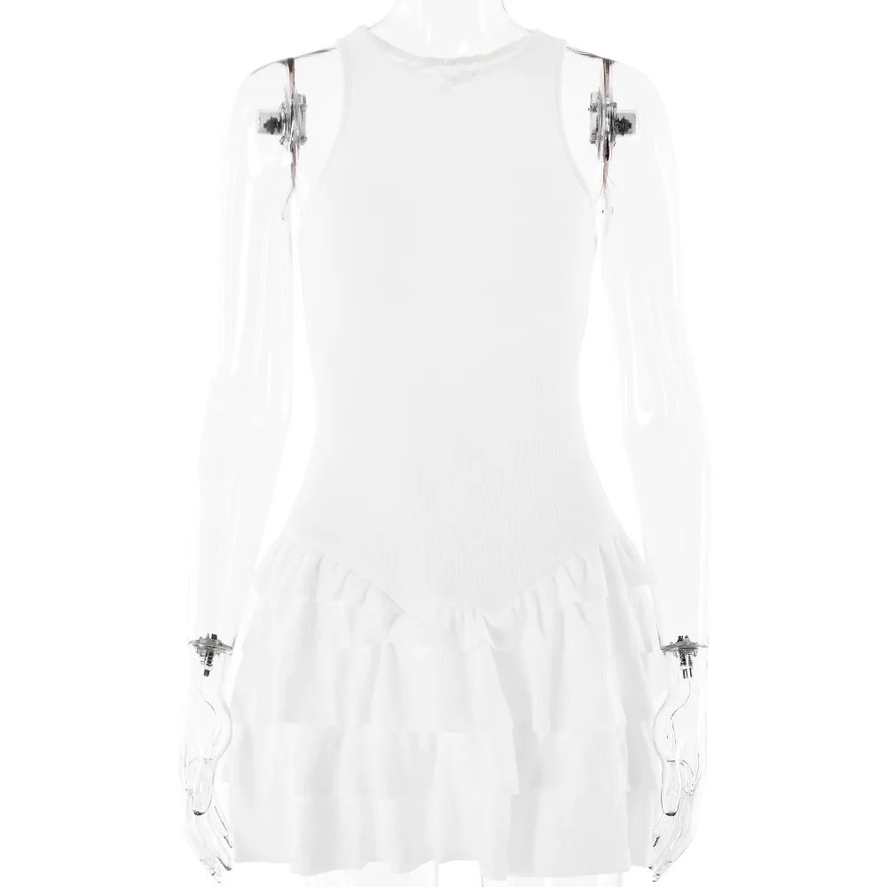 Novo estilo feminino, gola redonda, sem mangas, vestido curto com babados em camadas, vestido sexy de menina quente para primavera e verão