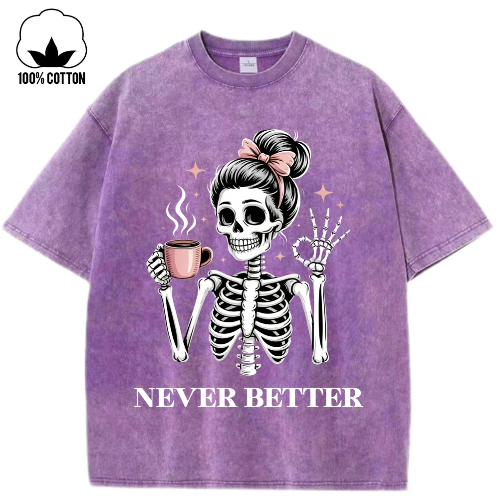 Never Better Coffee Skulls Printed Washed Holes T-Shirt Woman Trendy Cotton Streetwear O-Neck Summer T Shirt Y2K Loose Clothes