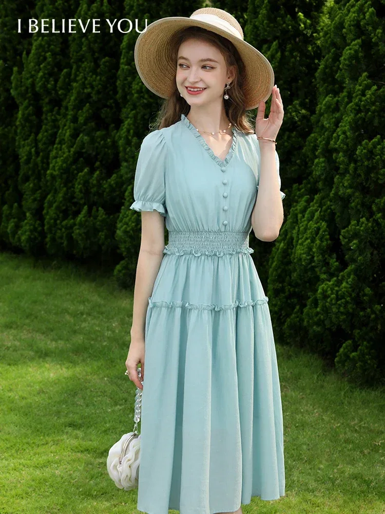 I BELIEVE YOU Green French Women Dresses Office Lady 2023 Summer New V Neck Elastic Waist Female Dresses A Line 2303001370