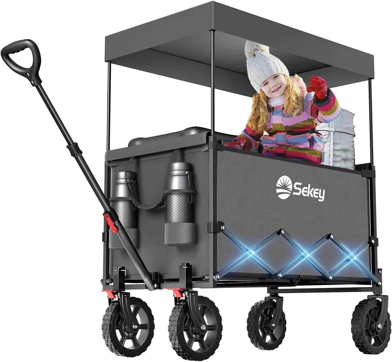 Carretto a mano pieghevole per bambini, 150 L, 150 kg, carretto a mano pieghevole con tetto, carretto a mano pieghevole per viaggi, spiaggia, campeggio, shopping