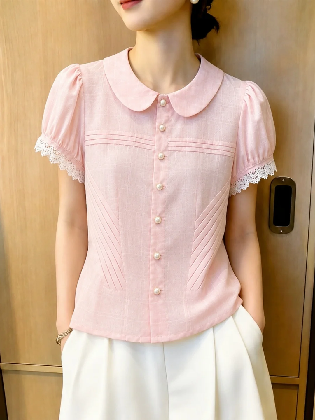 Sweet Korean Style Lace Patchwork Short Sleeve Shirt Single Button Design Summer Unique Fashionable Commute Wind Straight Cut