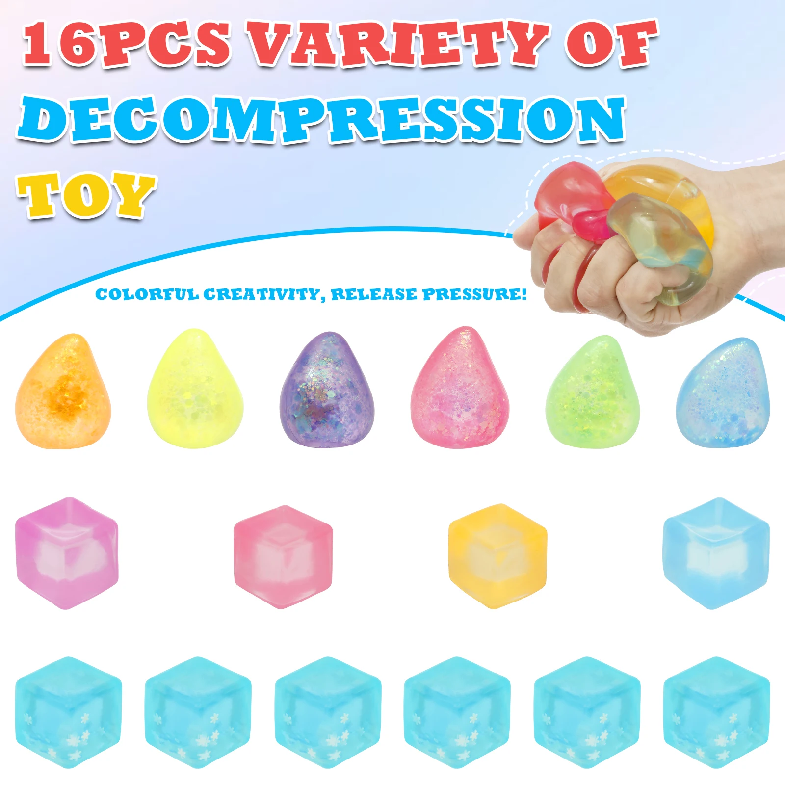 16 pezzi quadrati palla antistress di ghiaccio giocattoli agitarsi sollievo dallo stress ADHD autismo giocattoli sensoriali morbidi e squishy bomboniere regali per bambini adulti
