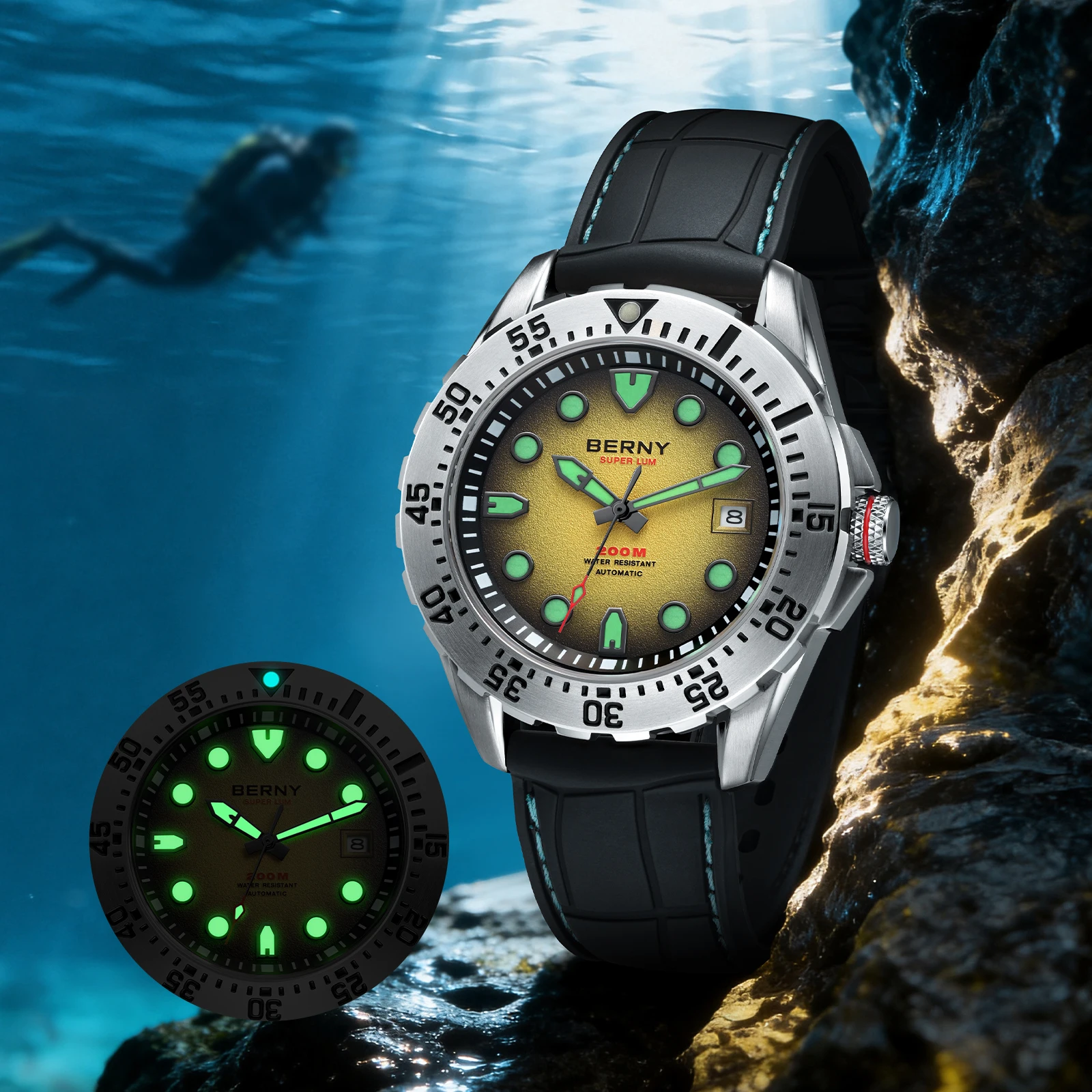 

Автоматические мужские часы BERNY для дайвинга с матовым циферблатом MIYOTA 8215 316L, суперлюминесцентные, с сапфировым стеклом и фторкаучуковым ремешком, мужские часы для дайвинга