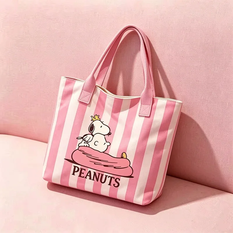 Snoopys Striped Canvas Tote Bag Cartoon Printed Single Shoulder Handbag Large Capacity Reusable Shopping Bag Storage Bag