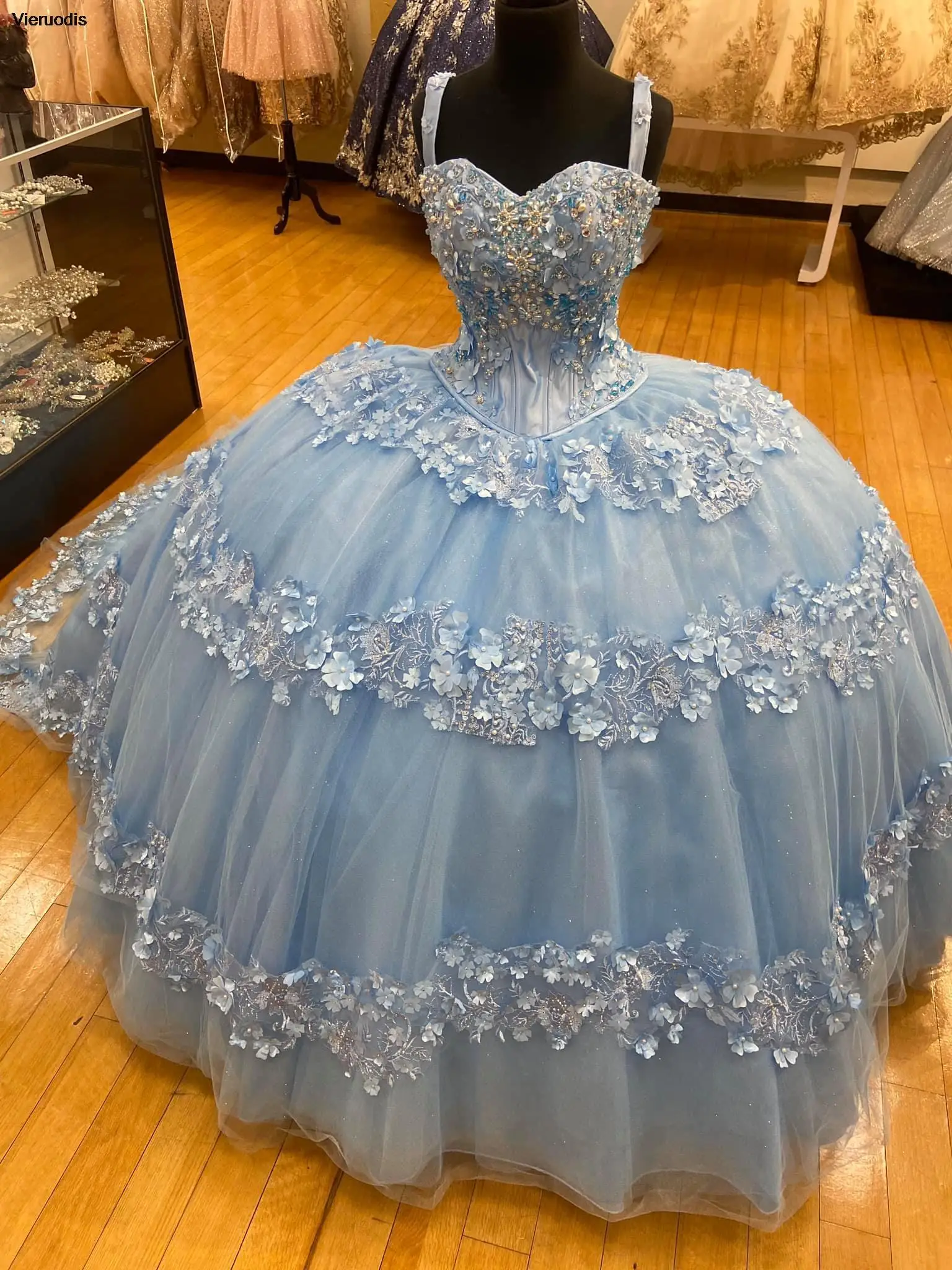 

Long Blue Applique Quinceanera Dresses Ball Gown 2021 Vestidos De 16 Anos Flowers Sweetheart Straps Party Dress Plus Size