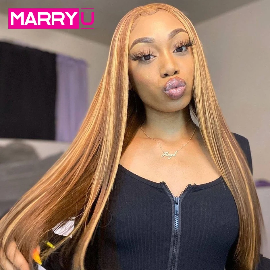 Highlight Wear Go Glueless Wig 4x4 Pre-Cut HD Lace Air Wig MARRYU 4/27 Honey Brown Glueless Wig 180% Straight Human Hair Wigs