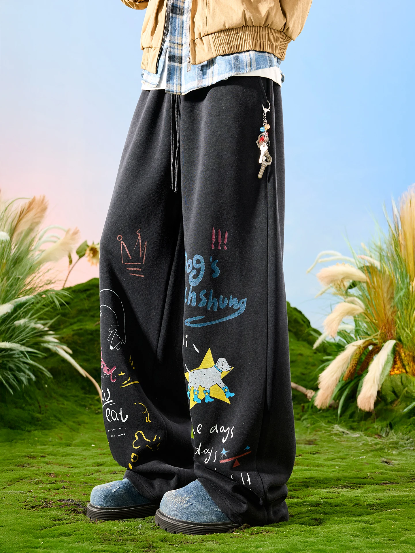 

Nuthink American Retro Dog Pattern Wide Leg Loose Fit Sweatpants Youth Faion Spring Collection Comfortable Cotton Blend