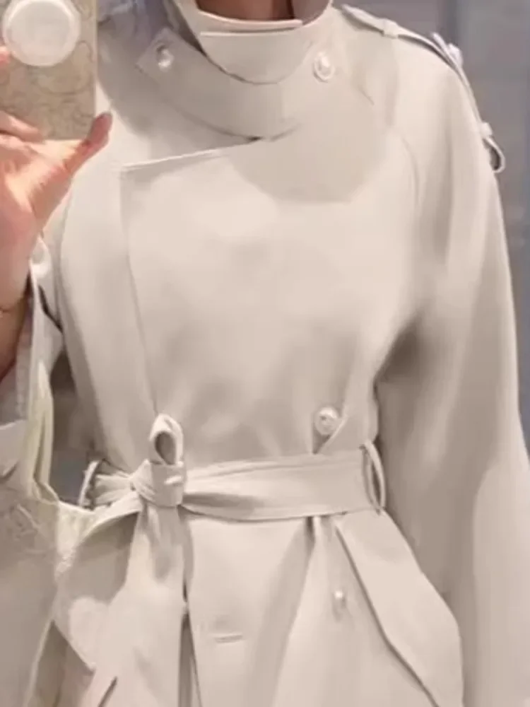 Versatile Solid Color Trench For Women Turn Down Collar Double Breasted Lace Up Coat Autumn New Tide 2025 New