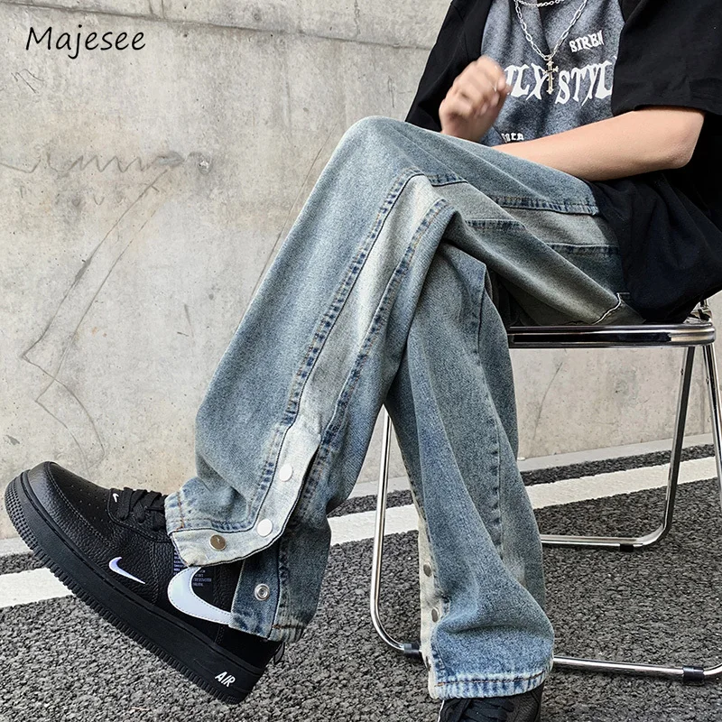 Men Jeans Side Striped Chic Retro Washed Comfortable Hip Hop Students Stylish All-match Mops Pantalones Aesthetic Button Design