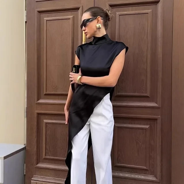 

2026 Spring Summer New Design Sense Asymmetrical Black Satin Dress Women Simple Layering Cape Style Midi Vest Dress