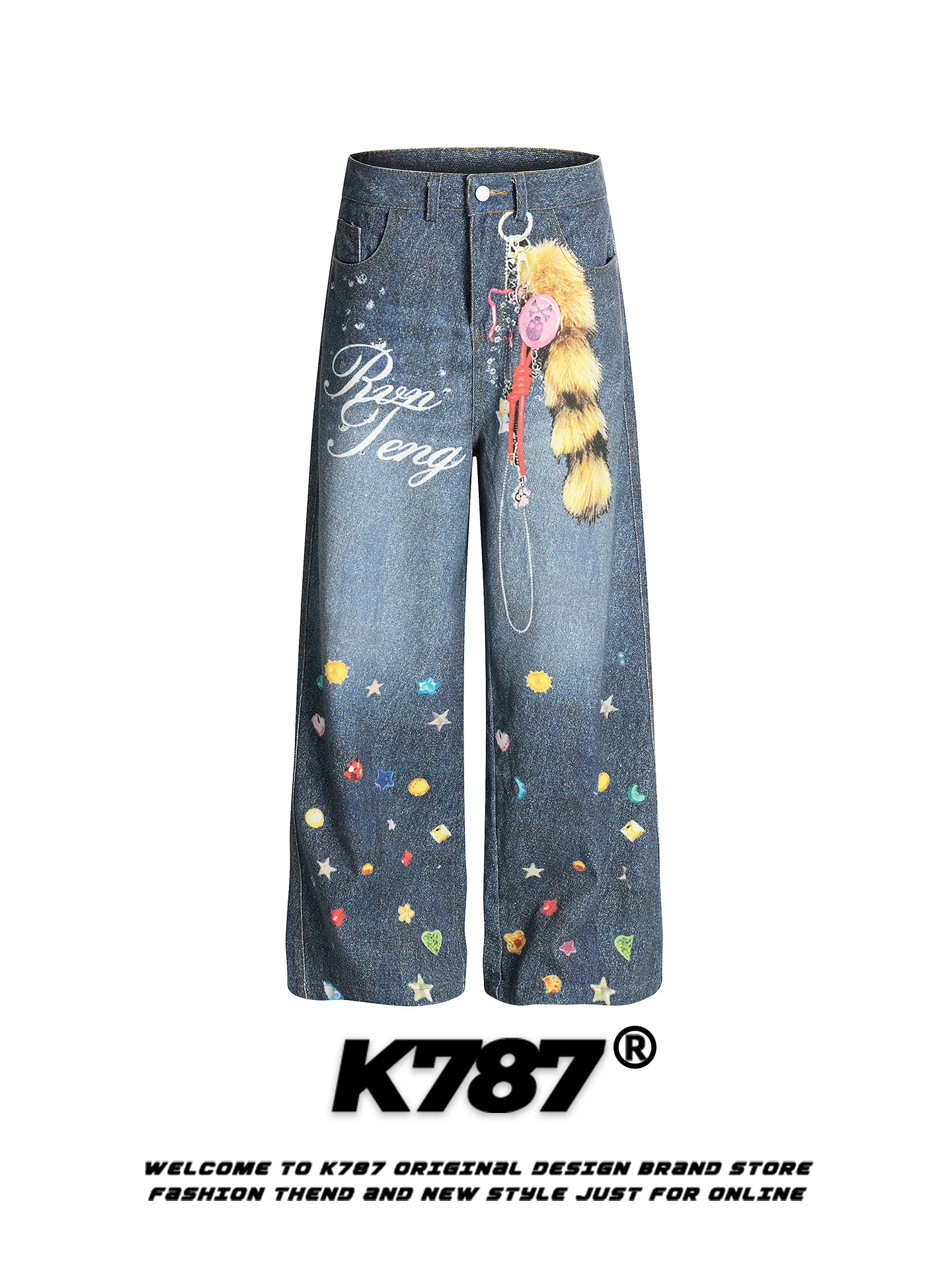 

Джинсы K787 в американском ретро-стиле с принтом, свободные, с высокой талией, прямые, унисекс, широкие брюки в уличном стиле, повседневные, из хлопкового денима