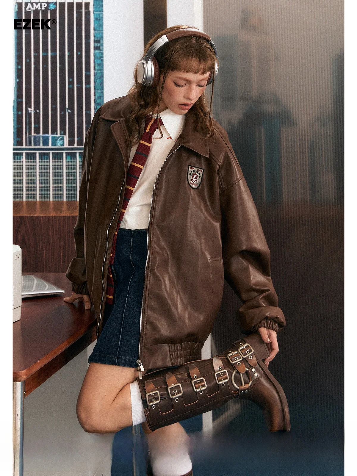 

EZEK Barn Coat Sle Motorcycle Jaet Women's Loose Fit Retro PU Leather Vest Autumn New Faion Brand Zipper Closure Long S...