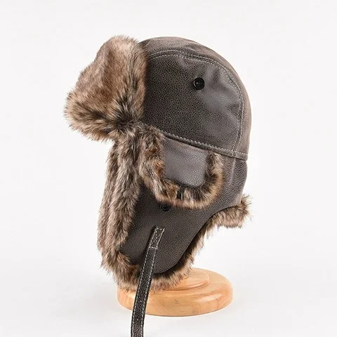 Leather Lei Feng Cotton Hat: Winter-Thickened, Ski-Style, Fleece-Lined, Ear-Covering, Cold-Weather Cycling and Pilot Hat