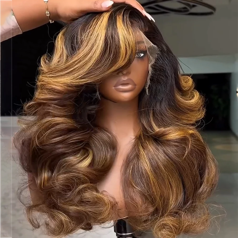 Highligh Colored 4x4/13x6 HD Lace Frontal 450 Density Wigs Preplucked Human Hair Bouncy Curly Glueless Wig Ready To Go 3032 Inch