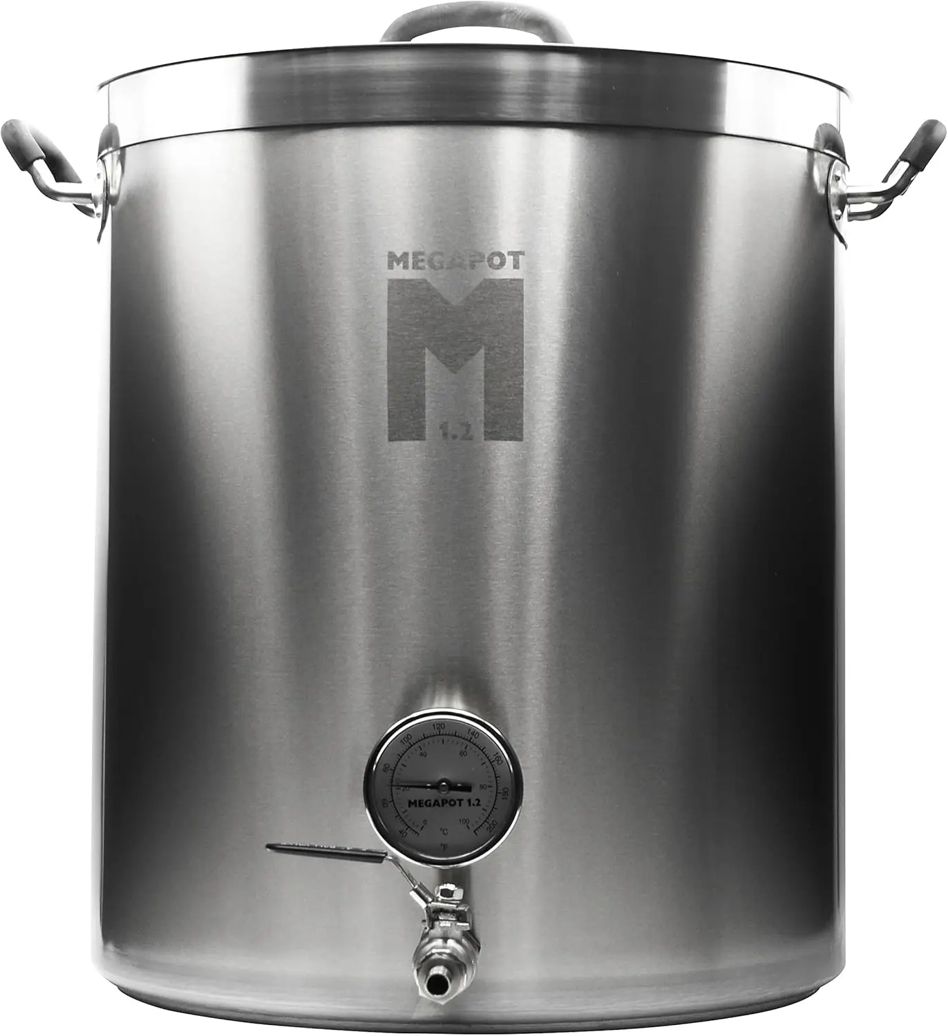 Brewer - MegaPot Stainless Steel Brew Kettle with Volume Markings (30 Gallon w/Valve and Thermometer)