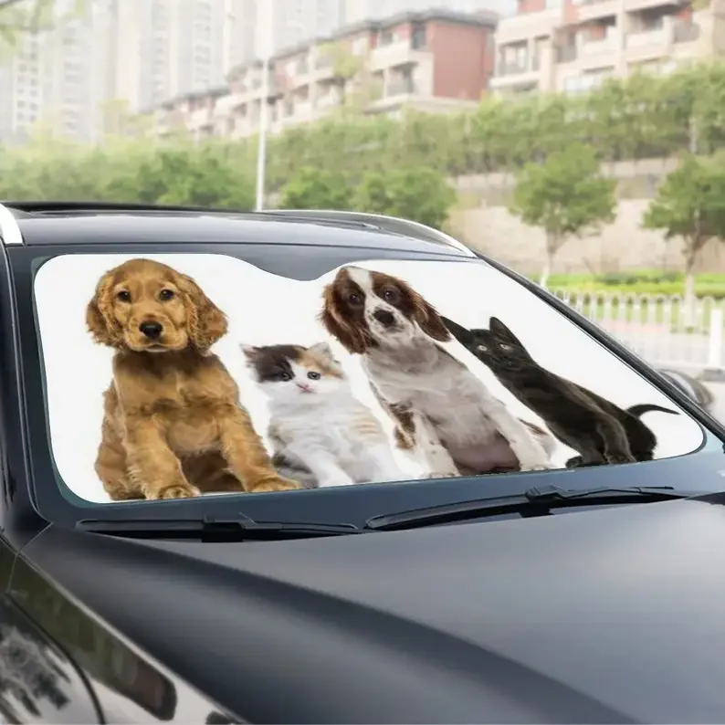 Funny Animal Selfie Photos Dogs and Cats Sun Shade Car Windshield Sunshade Easy to Use Car Accessories Fits Most Windshields