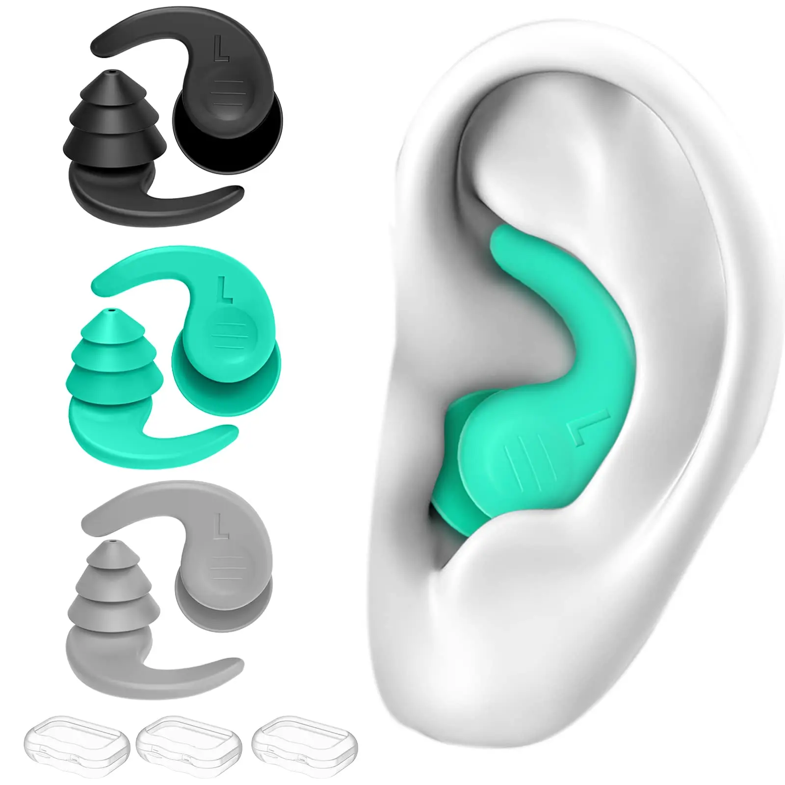 

3 Pairs Improved Waterproof Reusable Silicone Earplugs with Noise Cancelling Suitable for Waterproof and Noise-Proof Activities