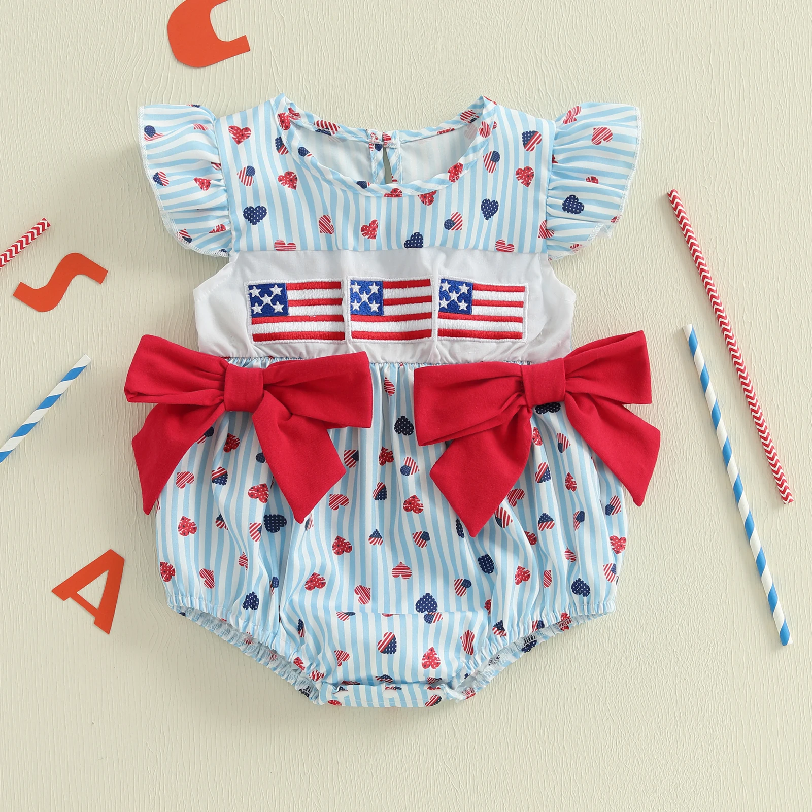 BeQeuewll Cute Bows Baby Girl Summer Clothes Patriotic Romper Casual Heart Print Flag Embroidery Newborn Jumpsuit for Toddler