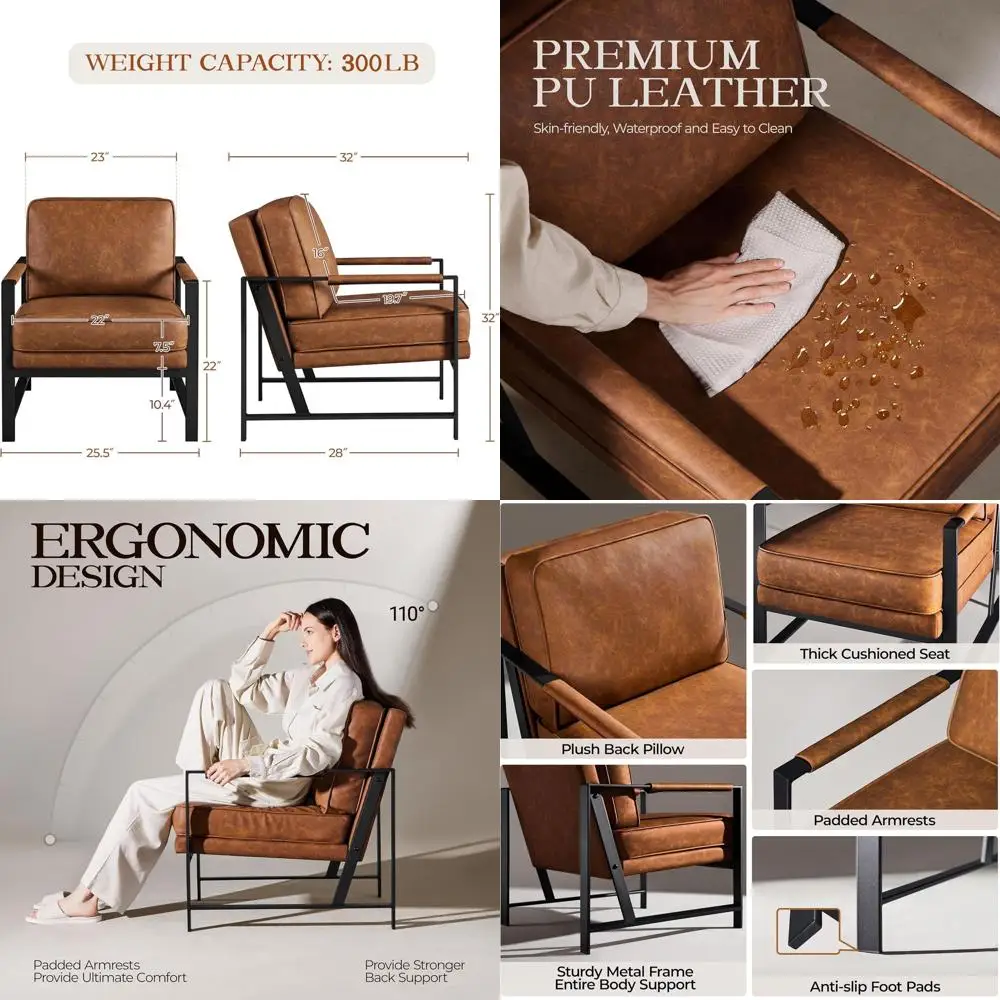 

Кресла в стиле ретро из искусственной кожи, удобные акцентные кресла с дополнительной обивкой, 105 ° Кресло с наклонной спинкой, идеально подходит для чтения или для зон отдыха, размер S