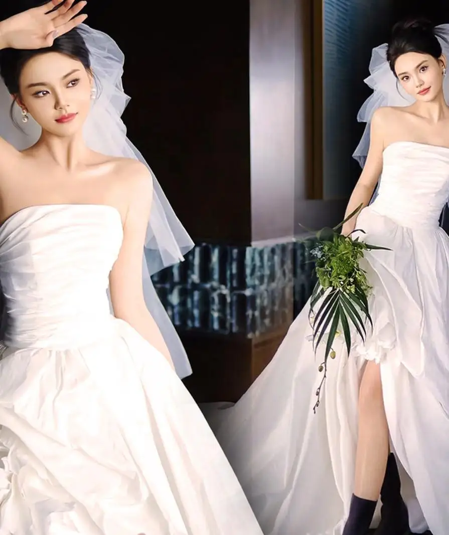 

Escaping Princess Satin Bridal Dress Three Dimensional Flower Sexy French Groom Short Back Long Adult Dress Customized