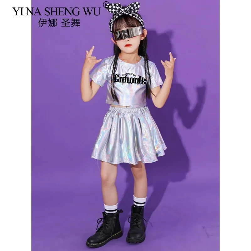 Conjunto de baile de Jazz de Hip Hop metálico para niños y niñas, camiseta plateada, pantalones cortos, falda, puesta en escena de porristas, Ropa de baile para niños
