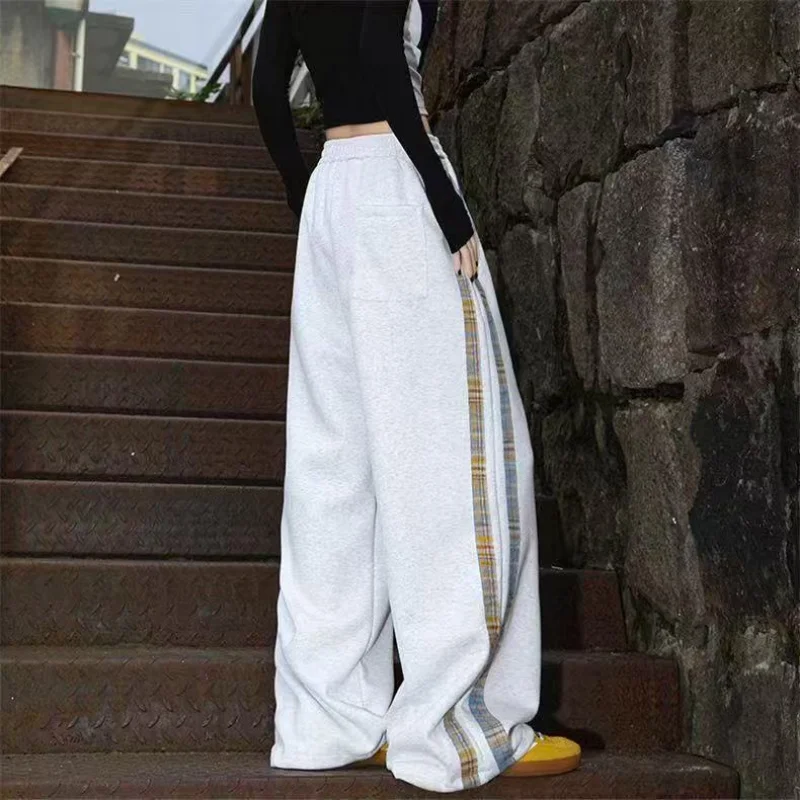 Pantalon à jambes larges épissé à carreaux pour femmes, personnalité de rue, Style coréen, décontracté, cordon de serrage, Design, pantalon de printemps, nouveau