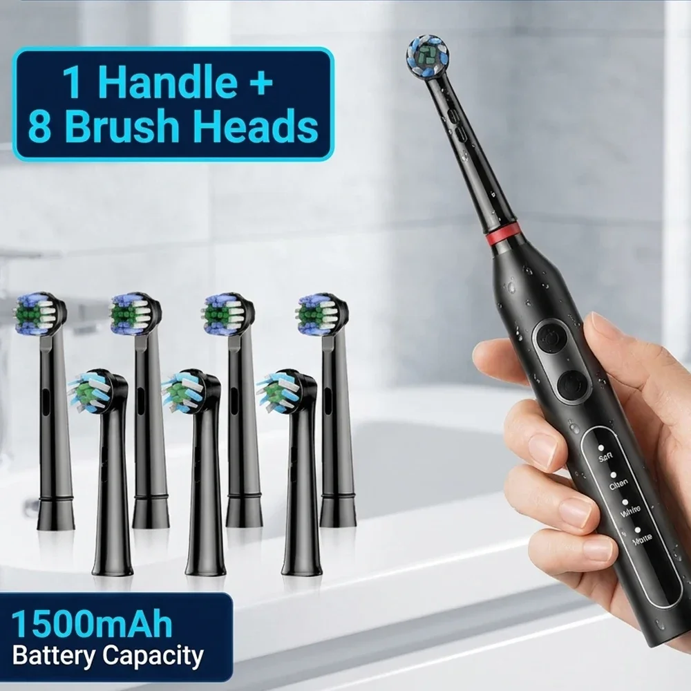 YUNCHI Electric Toothbrush: Rechargeable Rotary Electric Toothbrush, Comes with 8 Soft-Bristle Brush Heads and A Travel Case