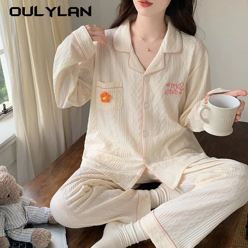 Spring and Autumn Minimally Thin Pajamas Can be Wearing Outside Pajamas Cotton Pajamas Premium Embroidered Long Sleeve Pajamas