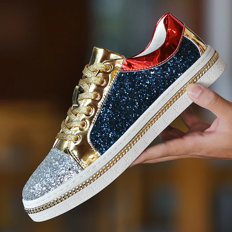 

High-Quality Couples Luxury Sequined Shoes Trend Color Matching Low Skateboard Sneakers Man Comfortable Soft Shiny Shoes For Men