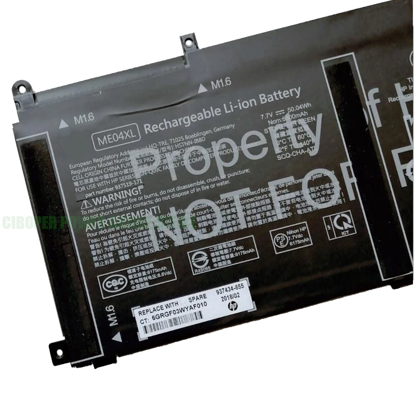 CP Genuine Laptop Battery ME04XL 7.7V/50.04Wh/6500mAh For ELITE x2 1013 G3 HSTNN-IB8D 937519-1C1 937434-855 937519-171 Notebook