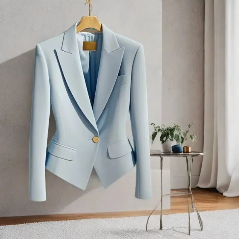 Unique Korean Style Blue Suit Jacket Women's Fashion Commute High End Casual Chic Perfume Style Polyester Fiber Anti Wrinkle