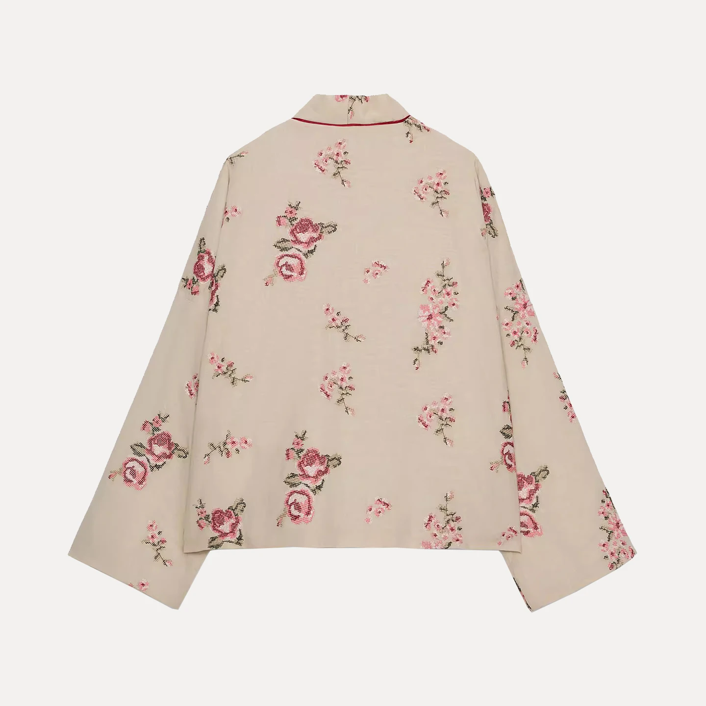 سترة نسائية قطنية من Z بأكمام طويلة وياقة على شكل V مع تطريز زهري، موديل 2025 الجديد بقصة قياسية وطراز قصير #1