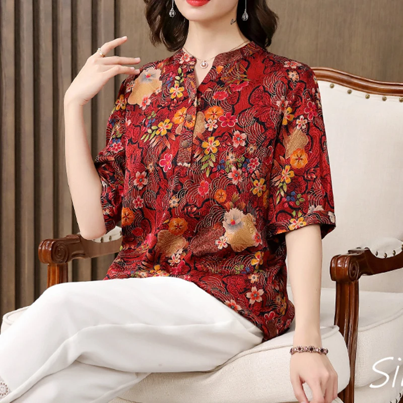 

BirdTree 92%Real Silk Plus Size Shirt Women,V-Neck Short Sleeves Floral,Versatile Temperament Blouse,2024 Spring New T42308QD