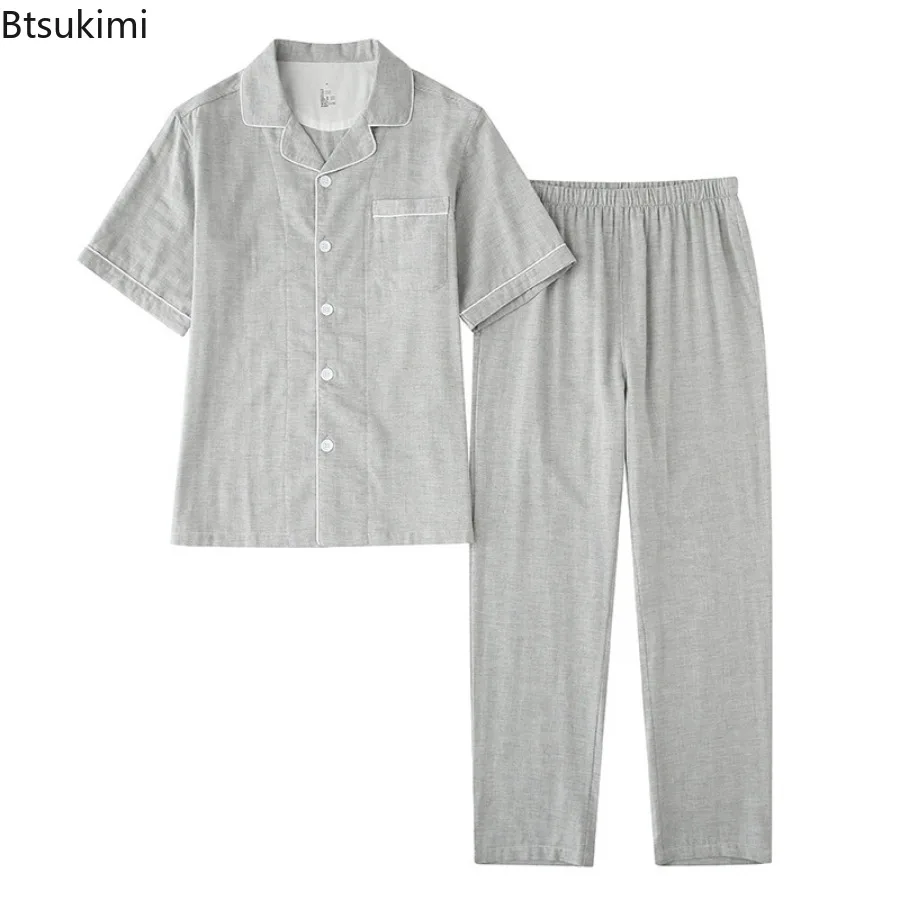 Summer Thin Pajamas Sets Men's Solid Color 100% Cotton Homewear Short Sleeve Two Pieces Breathable Soft Couple Lounge Sleepwear