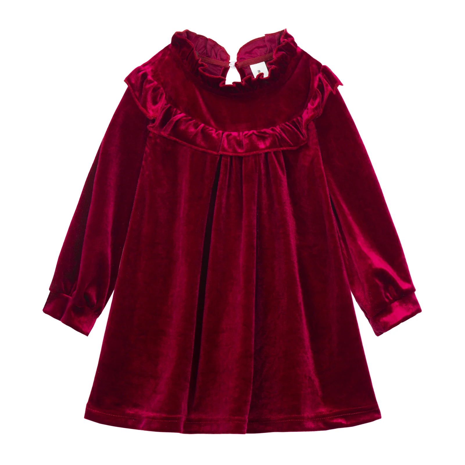 Mudkingdom Velvet Dress for Girls Dresses Long Sleeve Ruffle Clothes Solid Burgundy Big Girl Dress Party Wedding Clothing