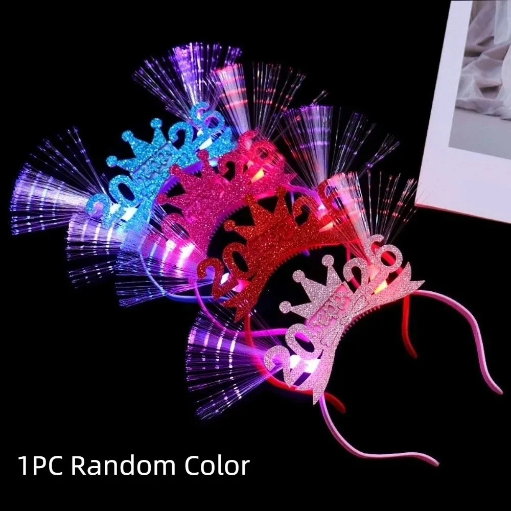 

LED Glow 2026 Happy New Year Headband Photographic Headwear Optic Fiber Light Up LED Glow Hair Bands Number Letter Colorful