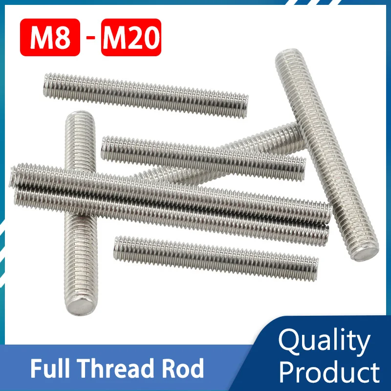 M8 M10 M12 M14 M16 M18 M20 Full Threaded Bar 304 Stainless Steel Fully Metric Thread Rod Bolt Screw Fasteners Stud Rods 30-500mm