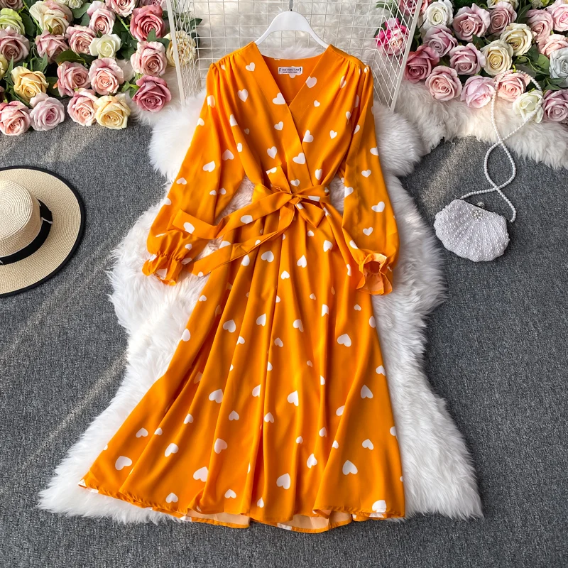 YuooMuoo 2023 New Autumn Romantic Heart Print Women Dress Elegant Bandage Long Sleeve Big Swing Party Vestidos Ladies Vestidos