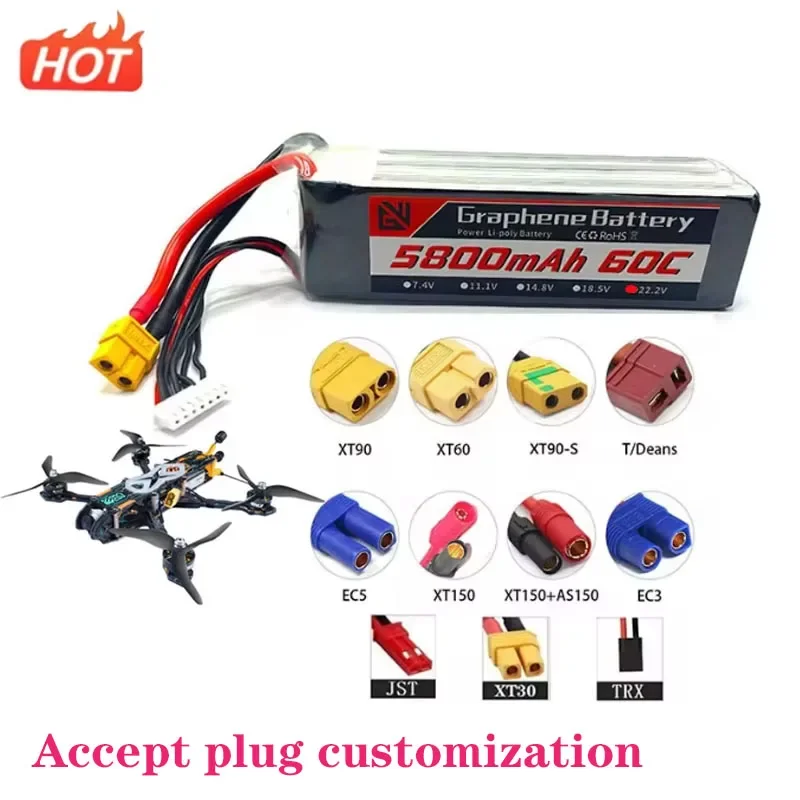 

22.2V 5800mAh 60C Polymer Lithium Battery XT60 XT90 TRX T Multiple Plug Options Suitable for FPV Drones and Remote Control Cars