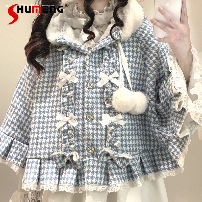 

Original Japanese New Mine Blue Plaid Lolita Hooded Cloak Winter New Girl's Cute Bow Plush Warm Short Jacket Y2K Capes Ponchos