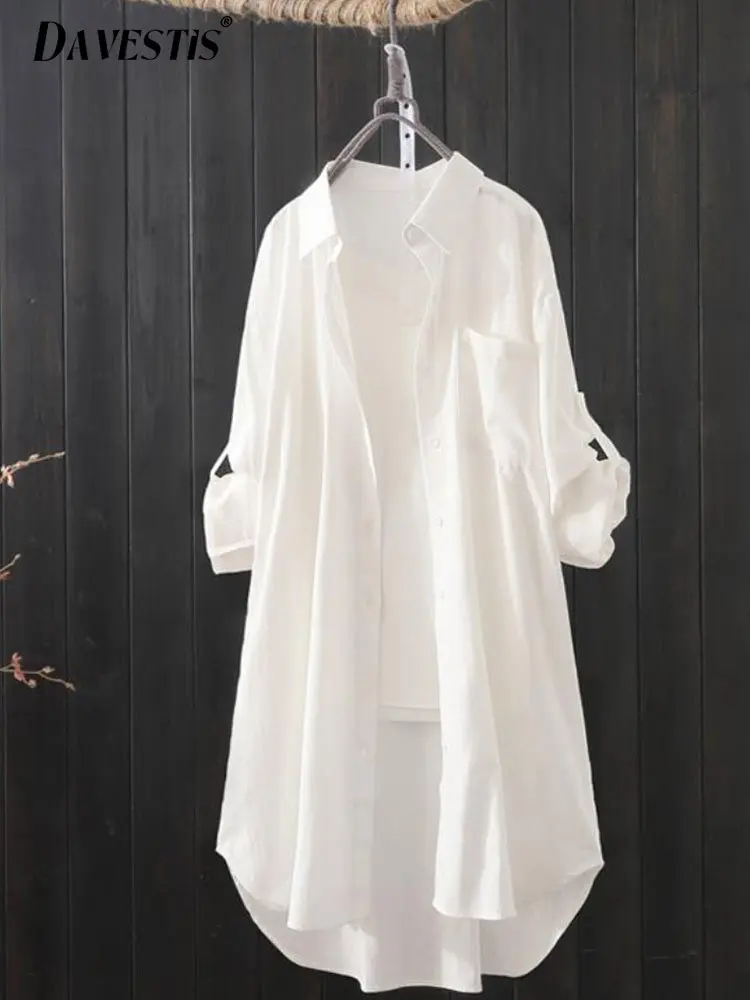 Korean Fashion White Shirt Women 2023 Spring Summer Loose Breathable Midi Shirt and Blouse Lady Simple Solid Color Long Shirts