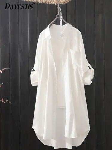 Imagen 2 del producto Camisa blanca de moda coreana para mujer, camisa Midi holgada y transpirable para primavera y verano, camisas largas simples de Color sólido 2023