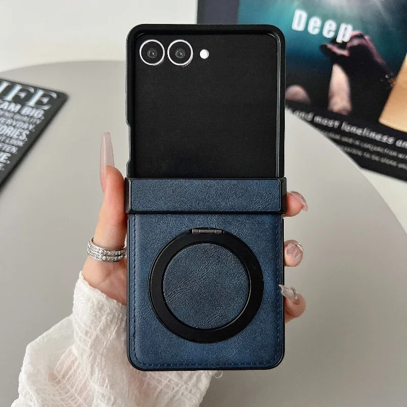 

Business Sle Magnetic Rotating Holder Phone Case for Samsung Galaxy Z Flip3 4 5 6 7 Leather 3-piece Hinge Set Anti-Scratch Cover
