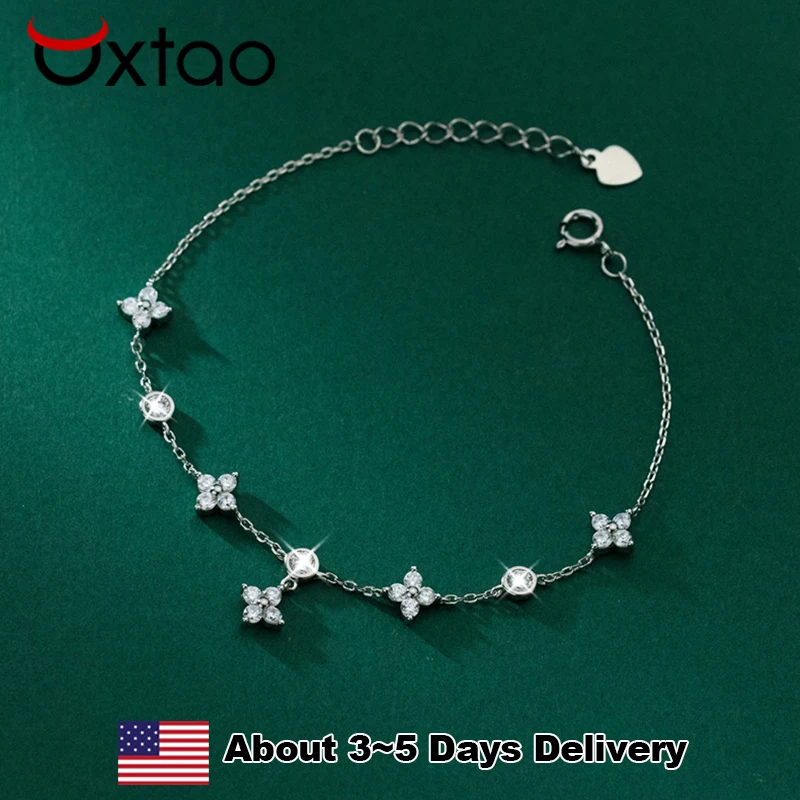 

OXTAO Four Leaf Flower Bracelet for Women 925 Sterling Silver Clasic Trendy Silver Color Moissanite Bangle Pendant Jewelry Gift