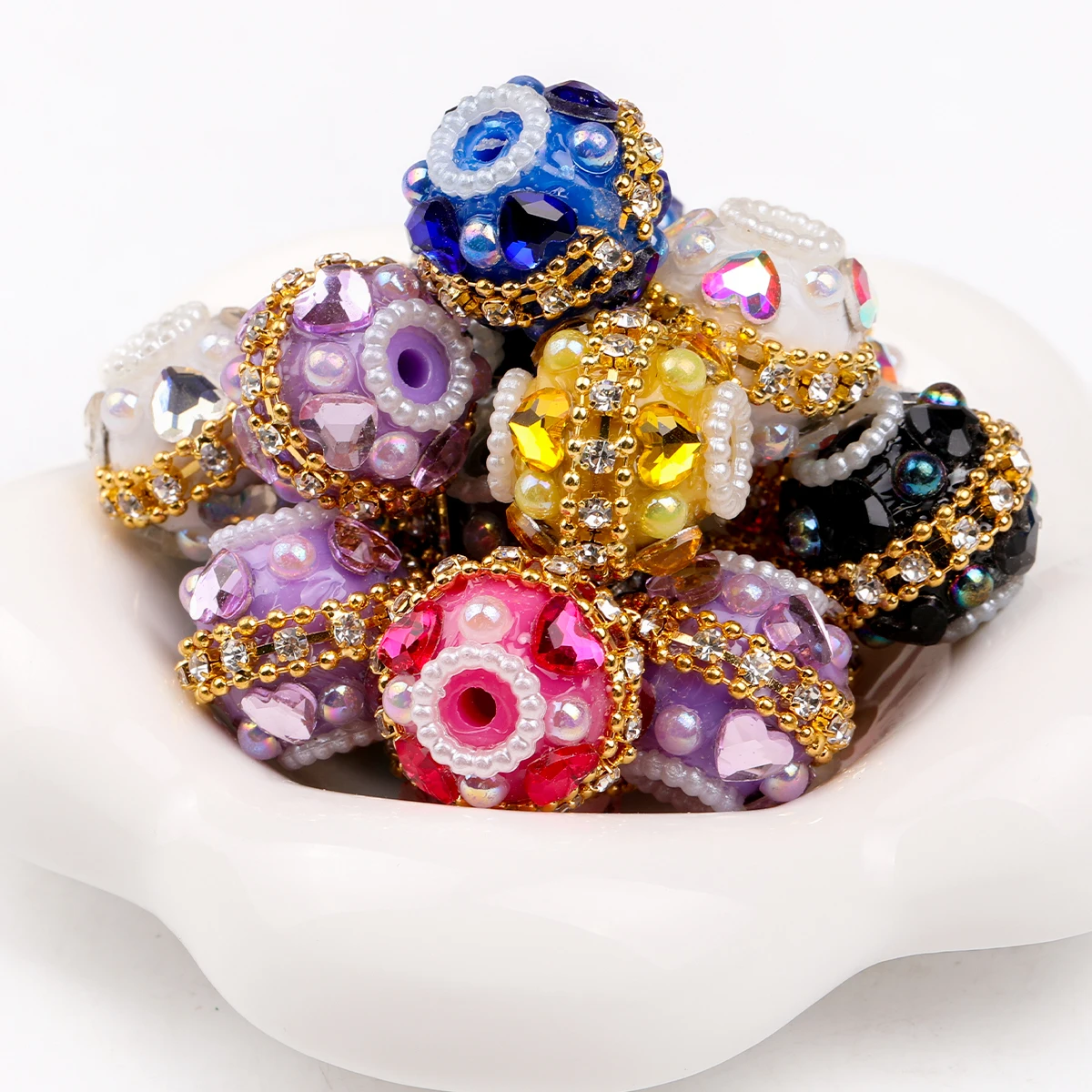 5/10pcs Multicolor Embed Rhine stone Golden edging Flower ball with 2.5mm Drilled Holes Beads for pen making Loose Spacer beads