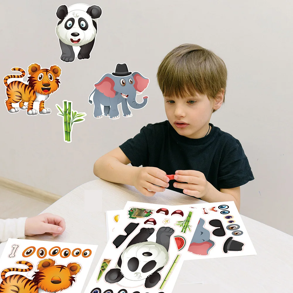 6/12Sheets Kids DIY Stickers Puzzle Games Make A Face Animal Assemble Jigsaw Sticker Children Training Education Toy Reward Gift