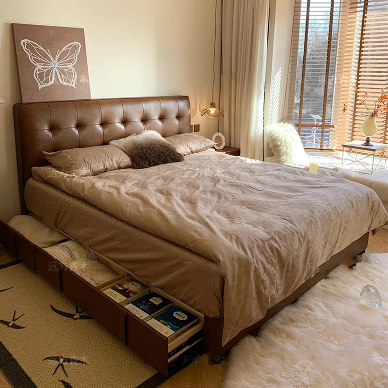 Minimalist Brown Double Bed High Profile Elegant European Double Bed Floor Reading Camas Moderrna Inteligentes Bedroom Furniture