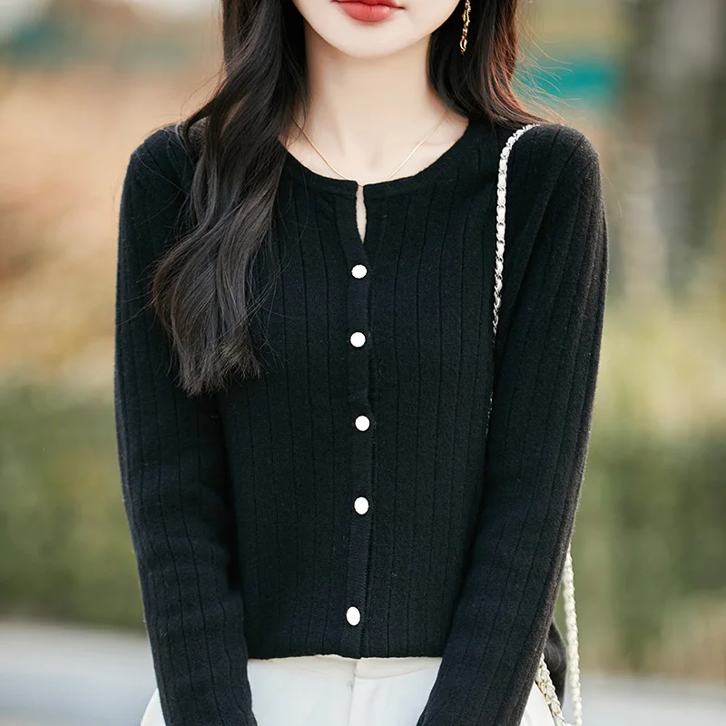 Moda donna tinta unita O-Collo maniche lunghe bottone 100% lana merino cardigan maglione di cashmere abbigliamento morbido comfort caldo top