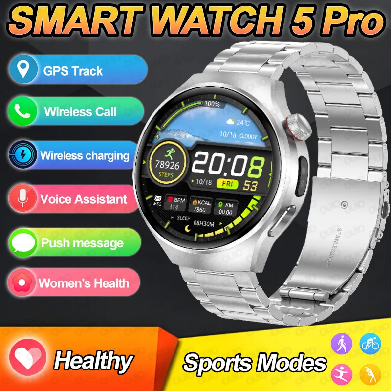 

Новые часы 5-портовый GPS-трек Спортивный режим Компас Беспроводной вызов Голосовой помощник Функция напоминания Al Voice Женские умные часы для здоровья