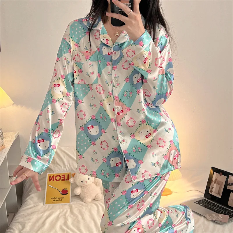 Kawaii Home Wear Sanrio Hello Kitty Cartoon Satin Pajamas Comic Periphery Clothes Comfortable Sleeping Pants Gifts for Girls